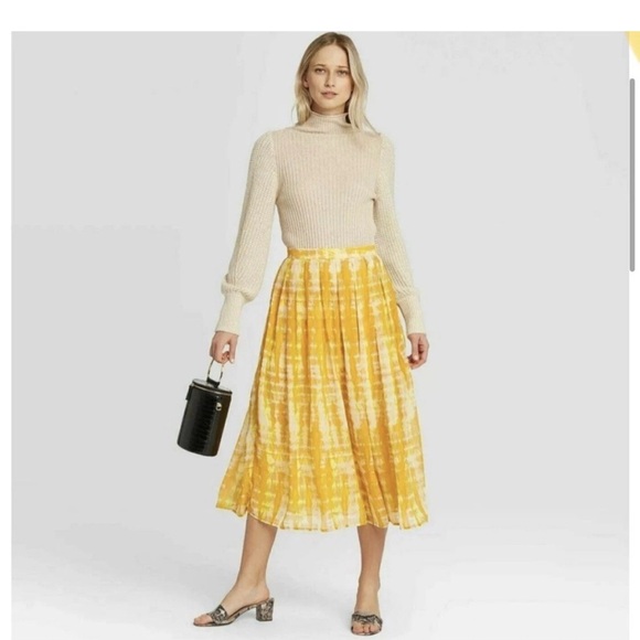 Who What Wear Yellow Tie Dye Flowy Midi Skirt Chiffon Side Zip Lined Sz 2 Boho - Picture 4 of 7